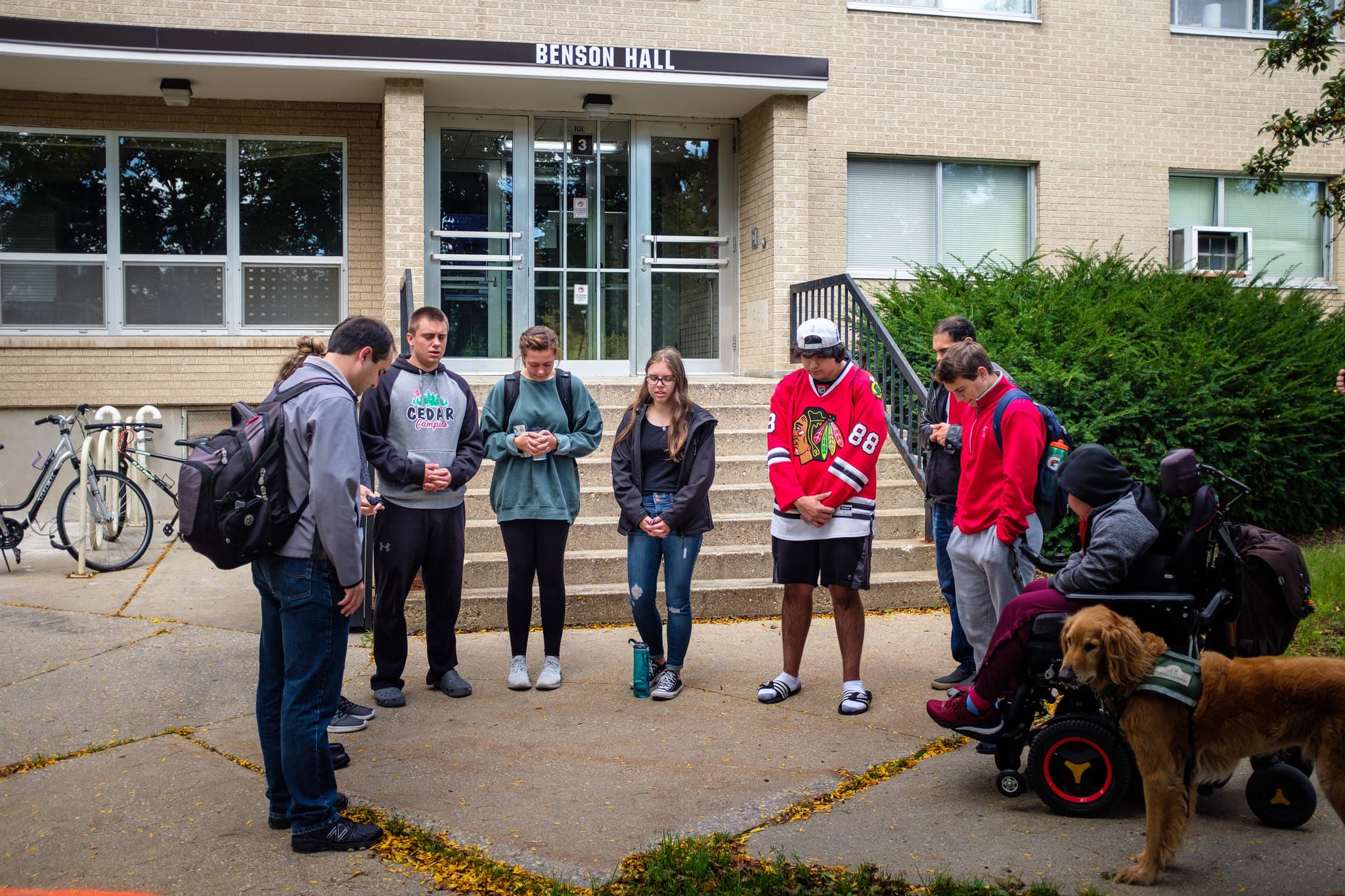 pupils at the entrance to the building