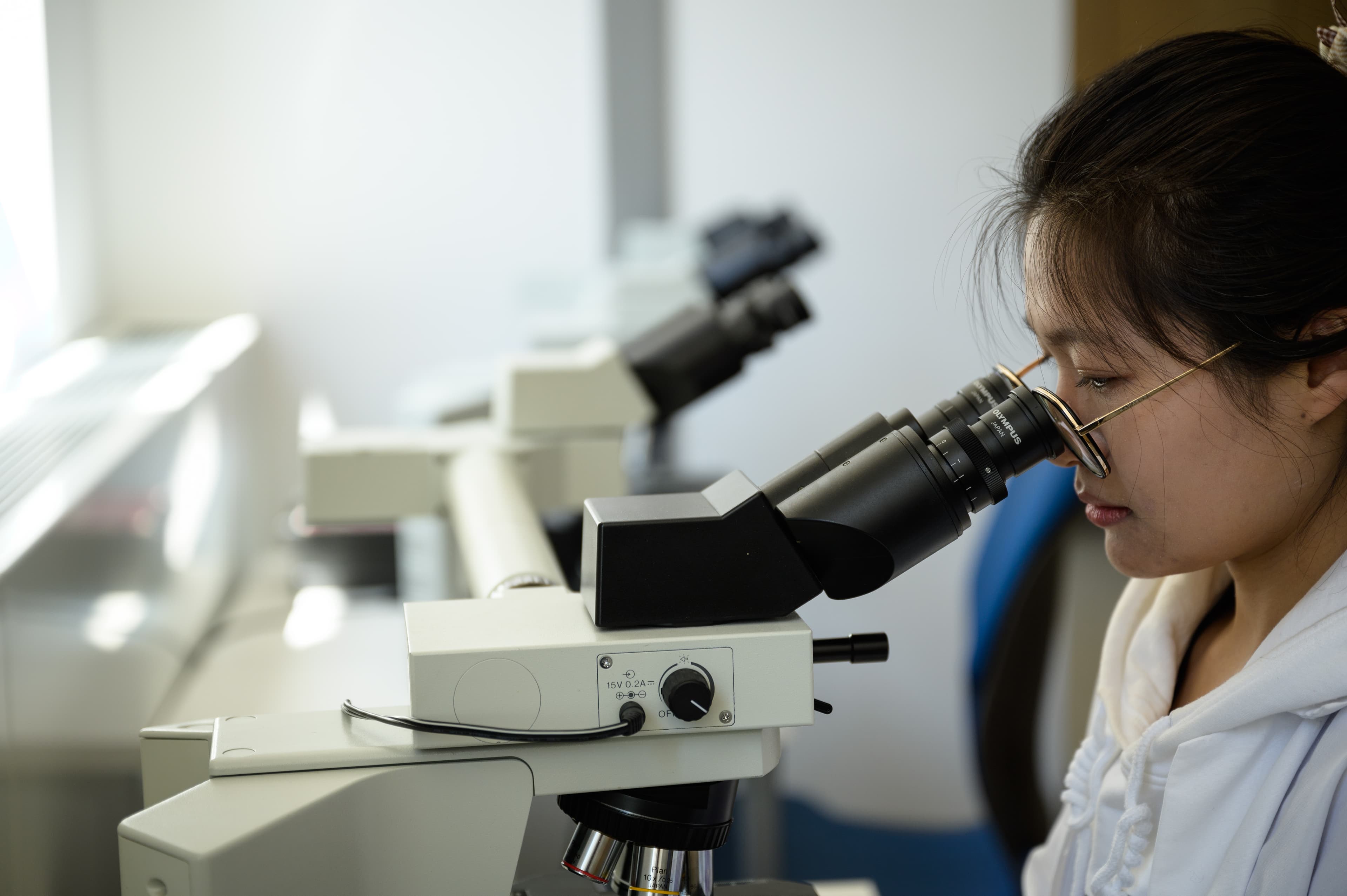 A woman looks through a microscope in a laboratory.