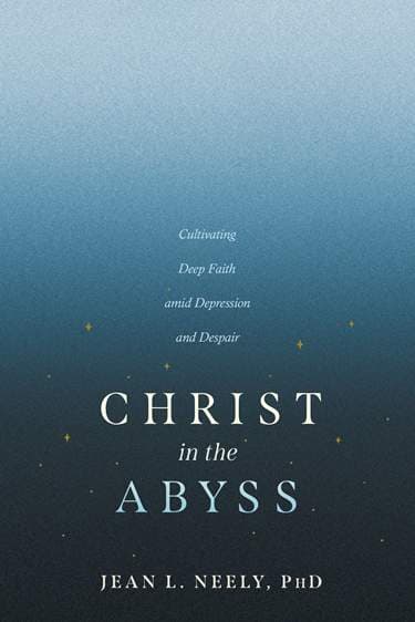 Book cover of Christ in the Abyss, with white lettering on a blue background.